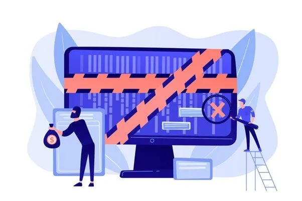 Uma ilustração de uma tela de computador e elementos que remetem a uma invação.